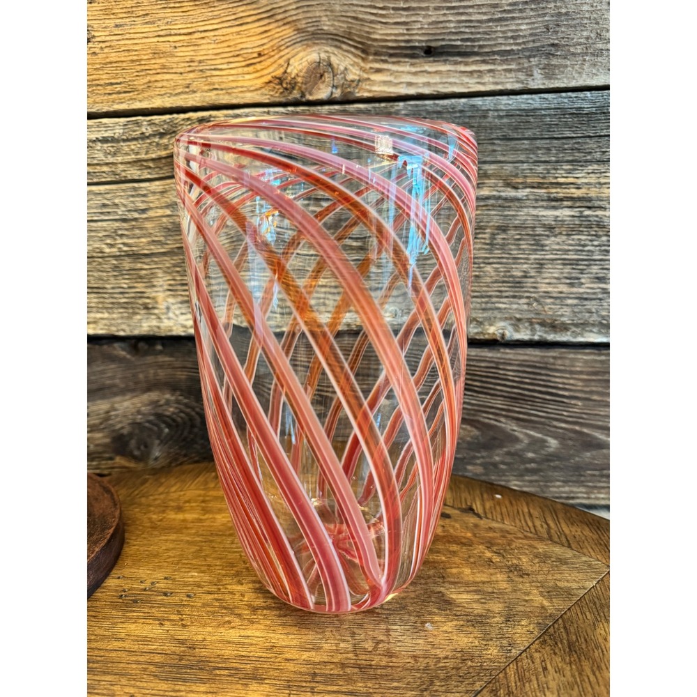 Murano Hand Blown Art Glass Vase Red Orange White Swirl Latticino 10.5 Inch mcm